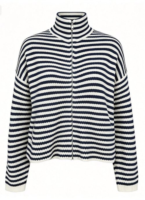 Liberté Sara Strik Cardigan med Lynlås, Stribet, Navy/Creme